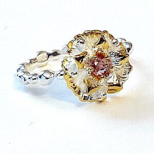 Amethyst Flower Ring, Unique Sterling Silver and Gold, Bubble Band Size 6